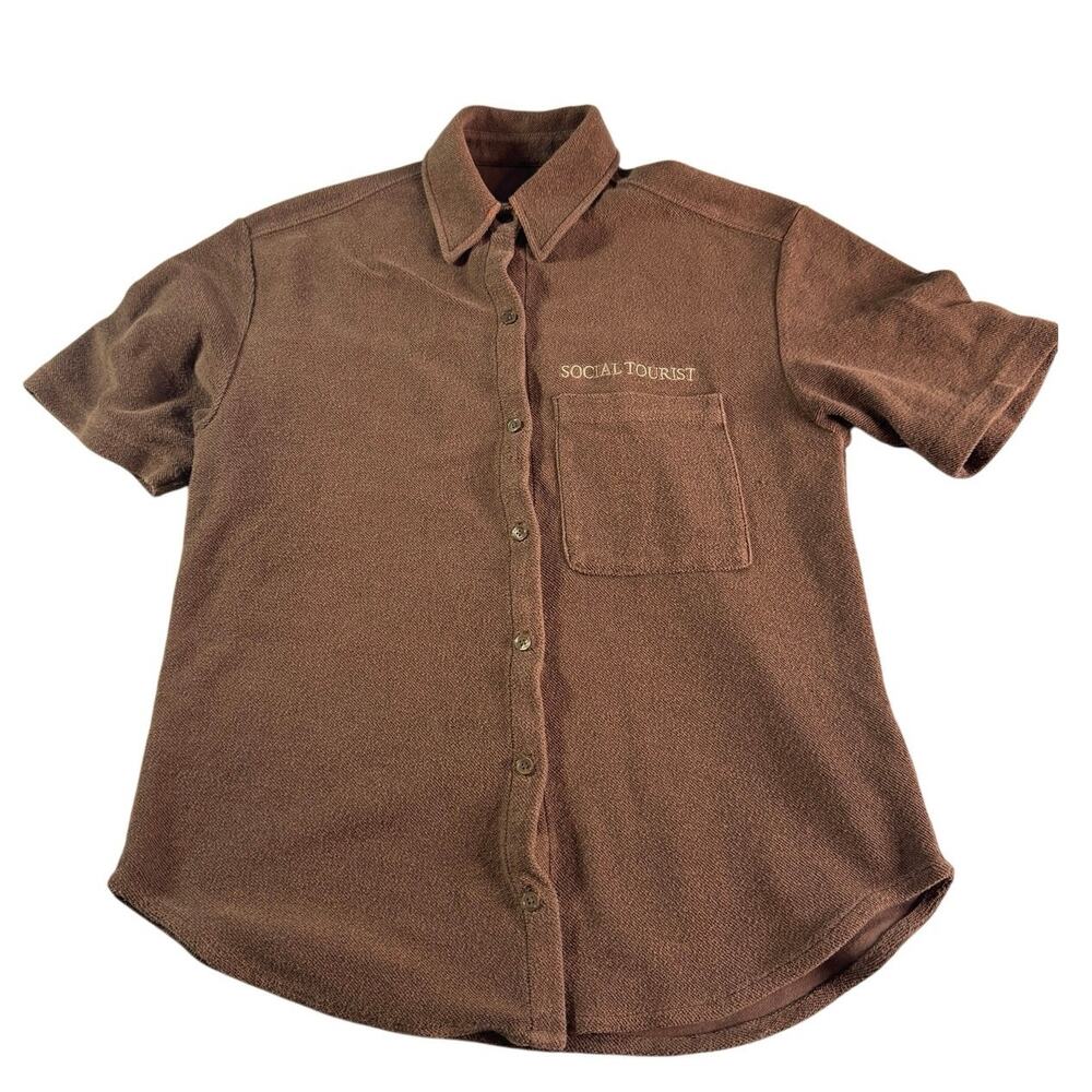 Social Tourist L.A.CA Brown Terry Cloth Button Up Shirt S Embroidered Pocket